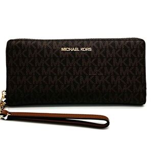 Michael Kors Large Travel Continental Wallet Wristlet Brown/Gold